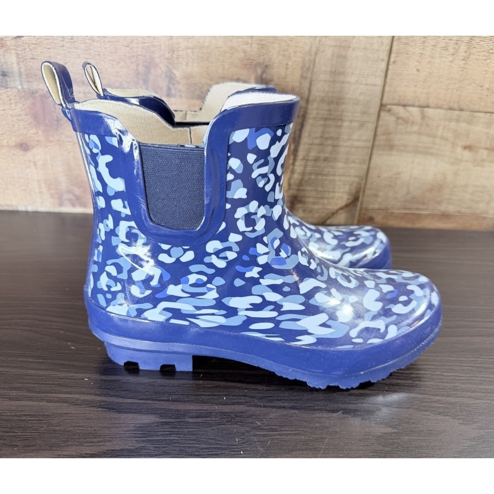 Talbots Tish Rain Boots Womens 7M Blue Leopard Print Excellent Ankle Rubber